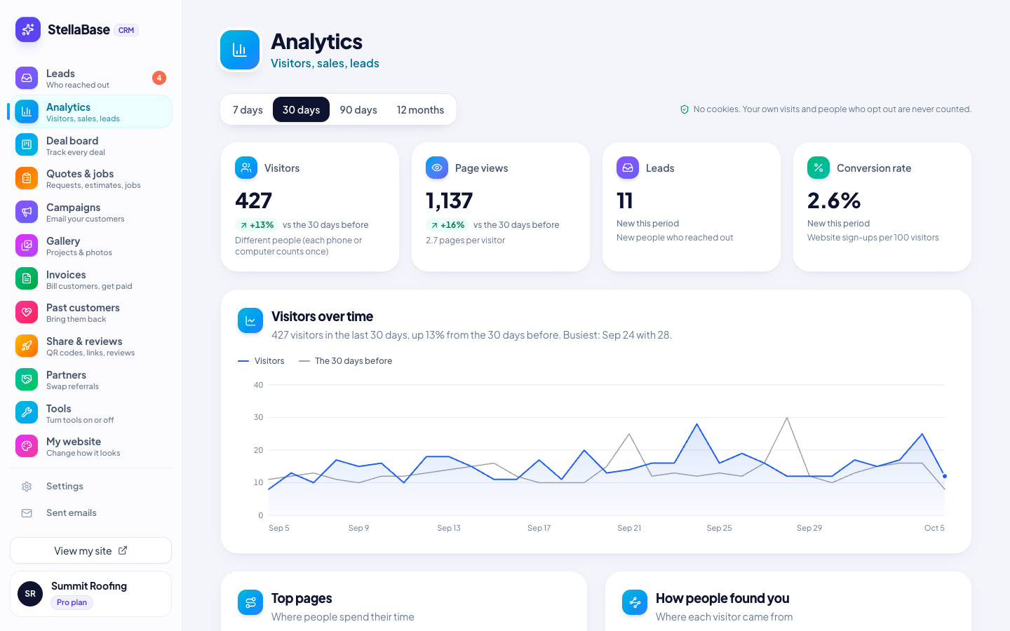 The Analytics page in the dashboard: visitors, page views, leads and a 30-day chart
