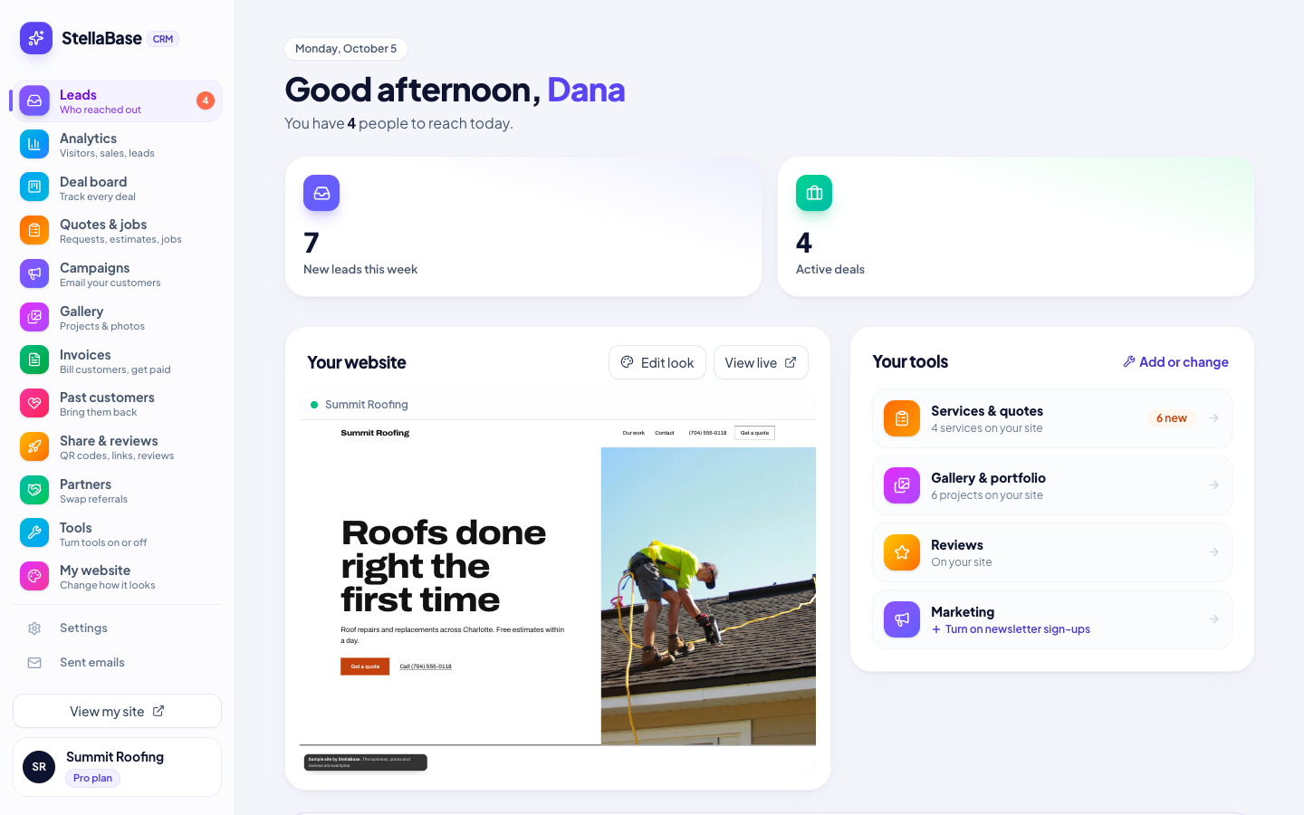 The Pro dashboard for a sample roofing company: new leads, active deals, the website and its tools