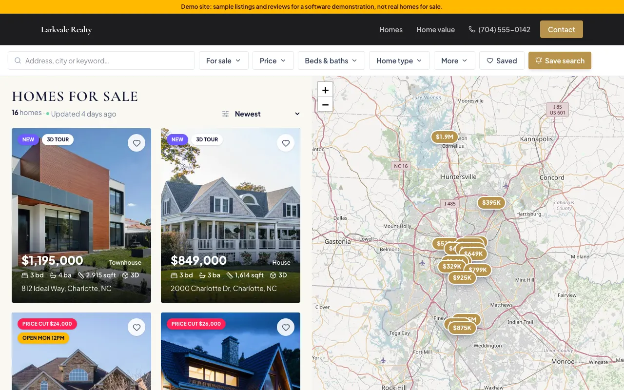 Home search page on a real estate demo site