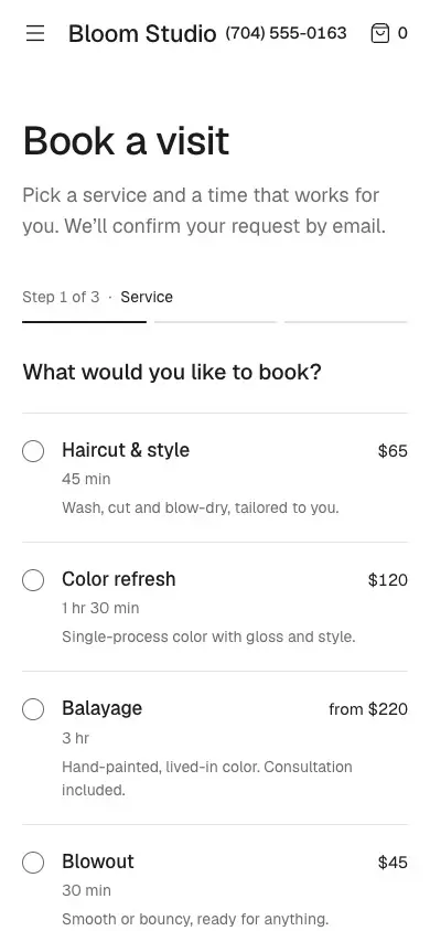A booking page on a phone