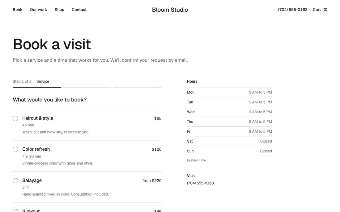 Online booking page on a salon demo site