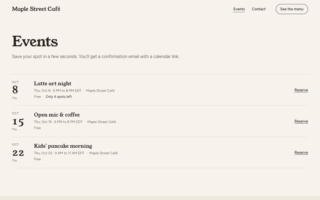 Events page with RSVP on a café demo site