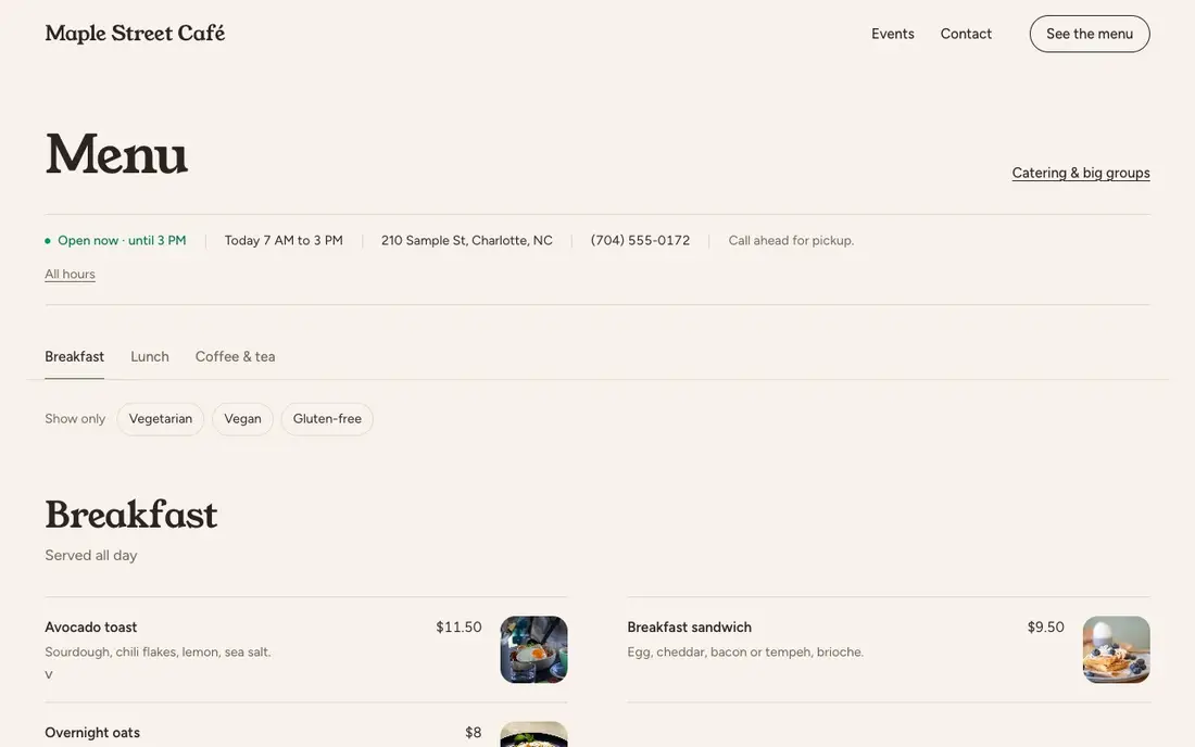 Menu page on a café demo site