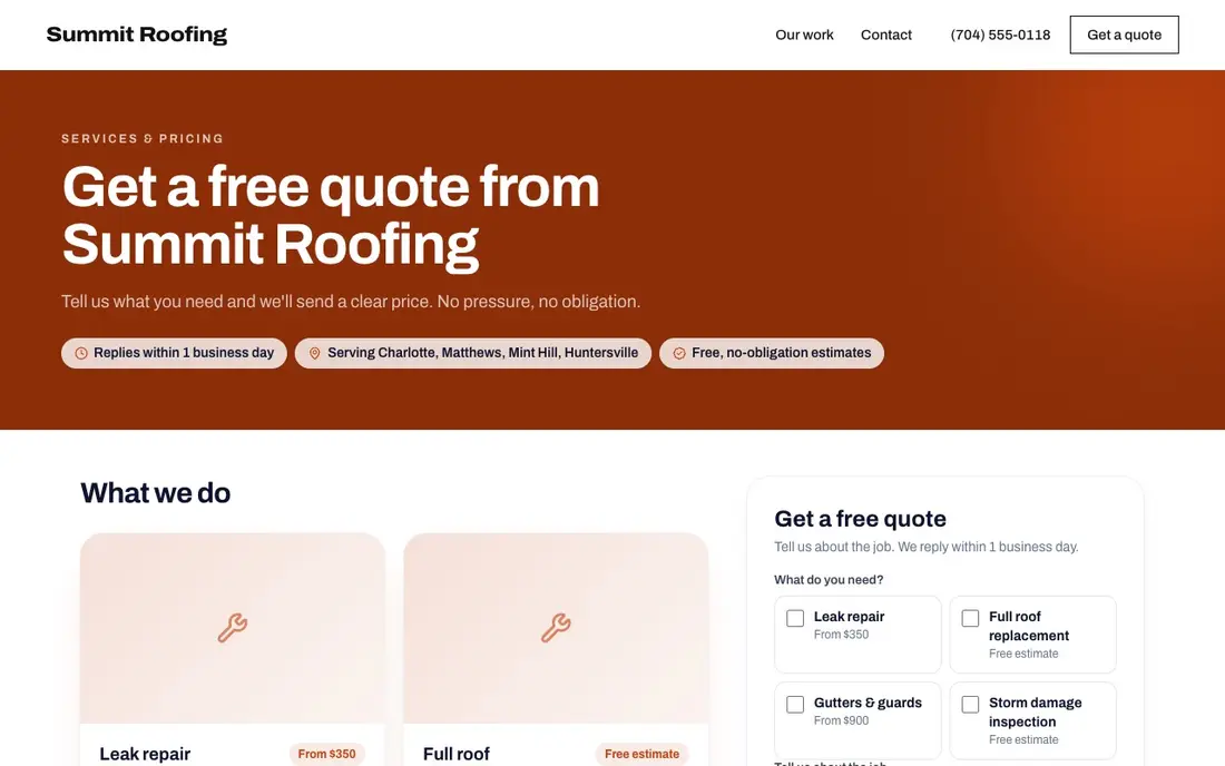 “Get a quote” page on a roofing demo site