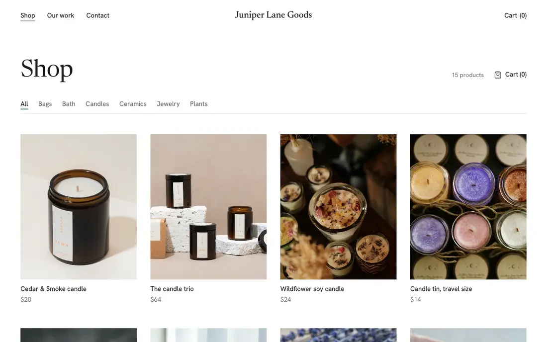 Online shop page on a demo site