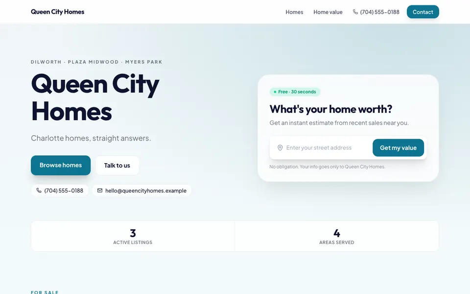 The Queen City template's homepage